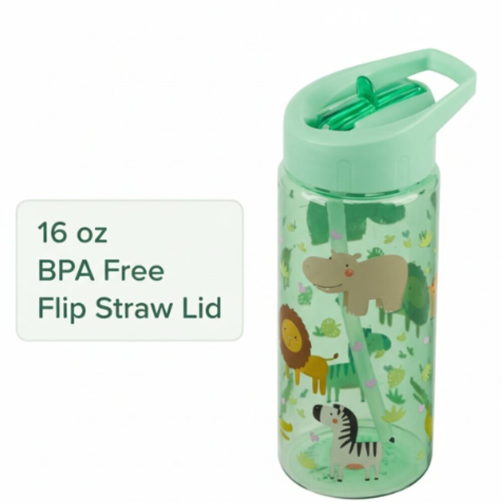 16oz Kids Jungle Safari Water Bottle w Straw BPA Free Flip Top Lid